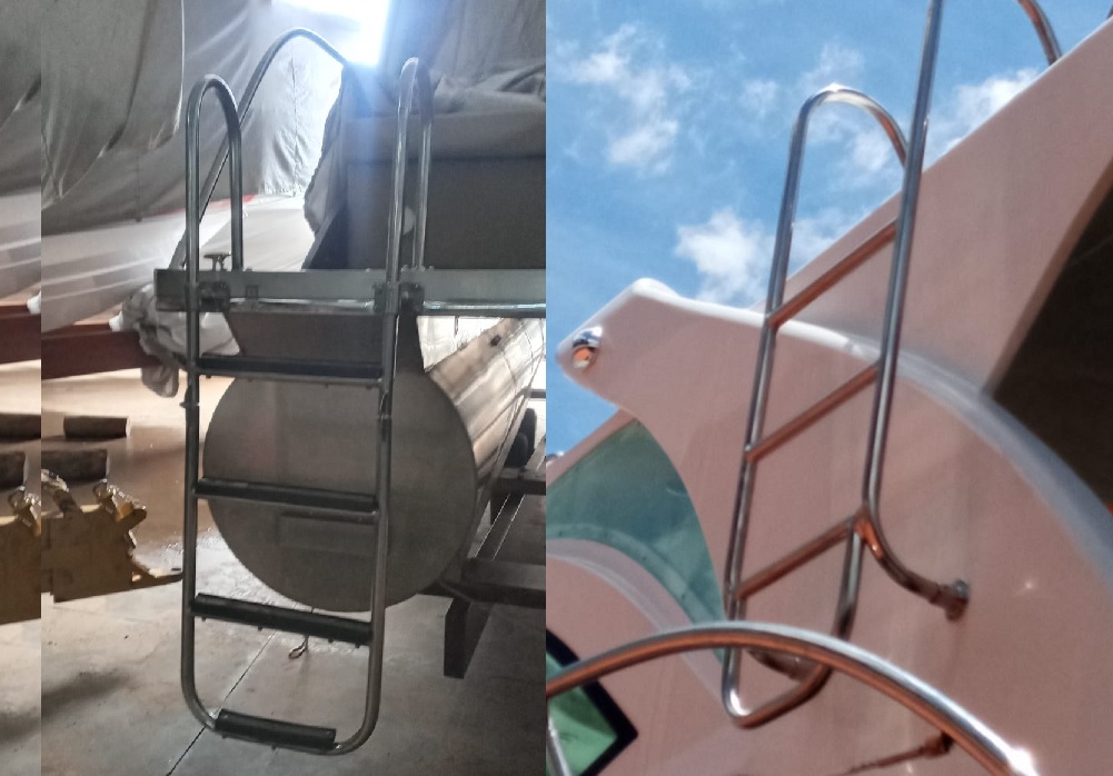 Guarda-mancebo, para-brisa, churrasqueira, escada e peças diversas em aço inox para lanchas.