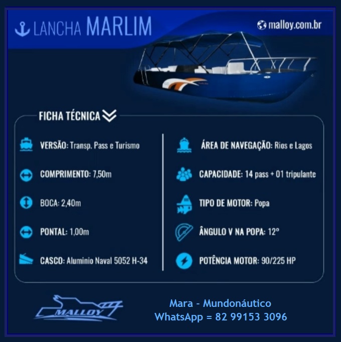 Barco de duralumínio Malloy para transporte de passageiros modelo Marlim